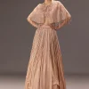 nude Ruched Blouse With Cape And Layered Skirt