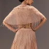 nude Ruched Blouse With Cape And Layered Skirt