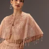 nude Ruched Blouse With Cape And Layered Skirt