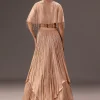 nude Ruched Blouse With Cape And Layered Skirt