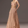 nude Ruched Blouse With Cape And Layered Skirt
