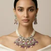 Gold Plated Purple Kundan Polki Short Necklace Set With Earrings