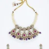 Gold Plated Purple Kundan Polki Short Necklace Set With Earrings