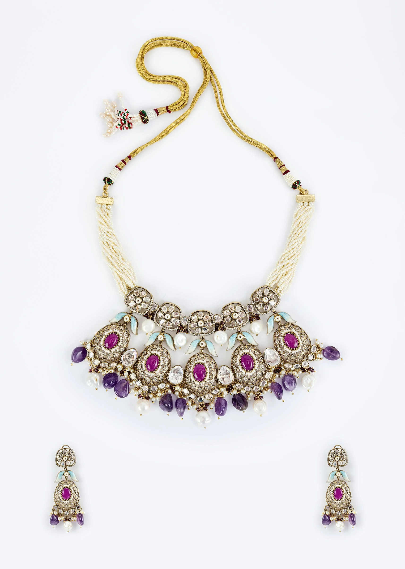 Gold Plated Purple Kundan Polki Short Necklace Set With Earrings