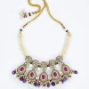 Gold Plated Purple Kundan Polki Short Necklace Set With Earrings