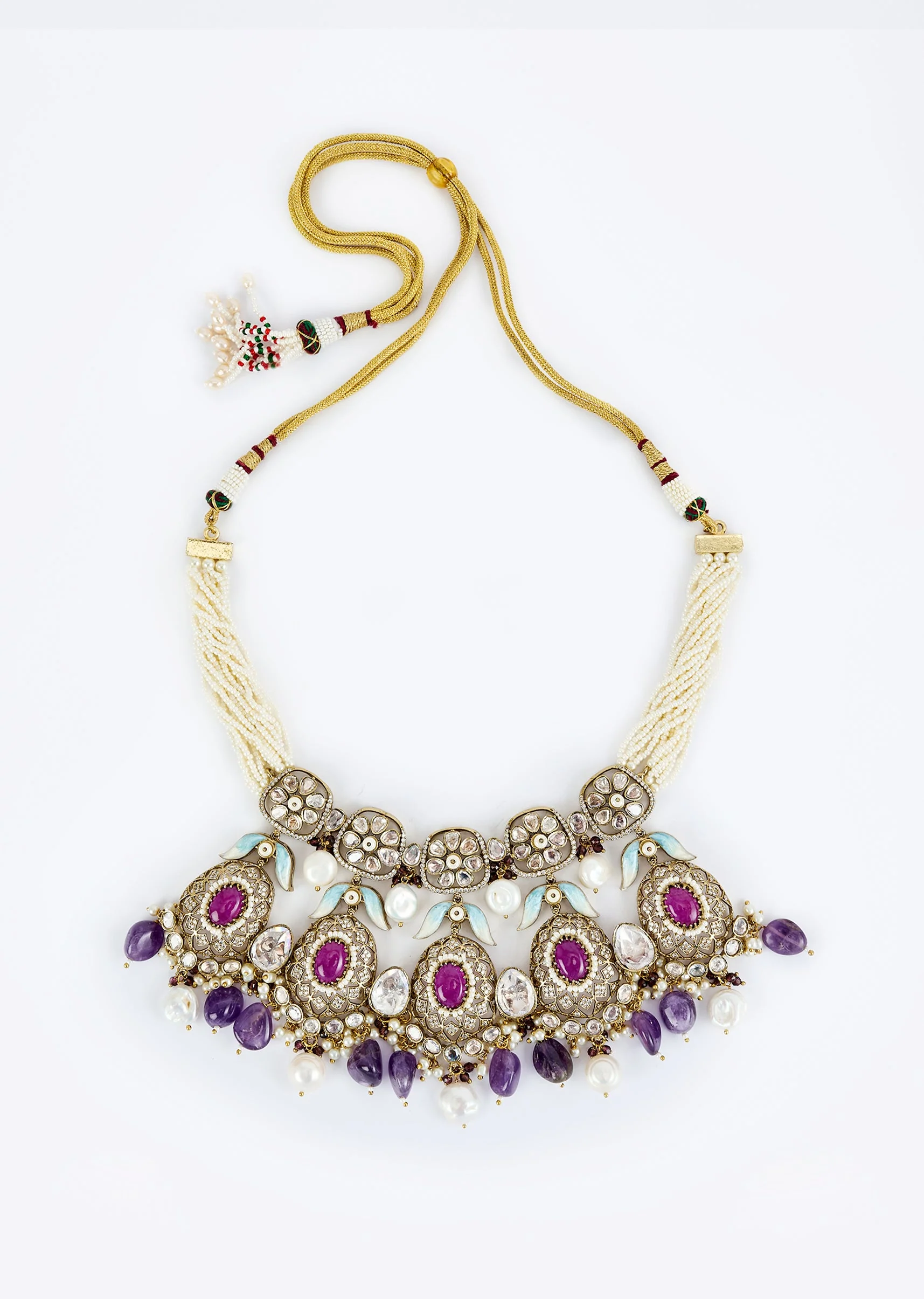 Gold Plated Purple Kundan Polki Short Necklace Set With Earrings