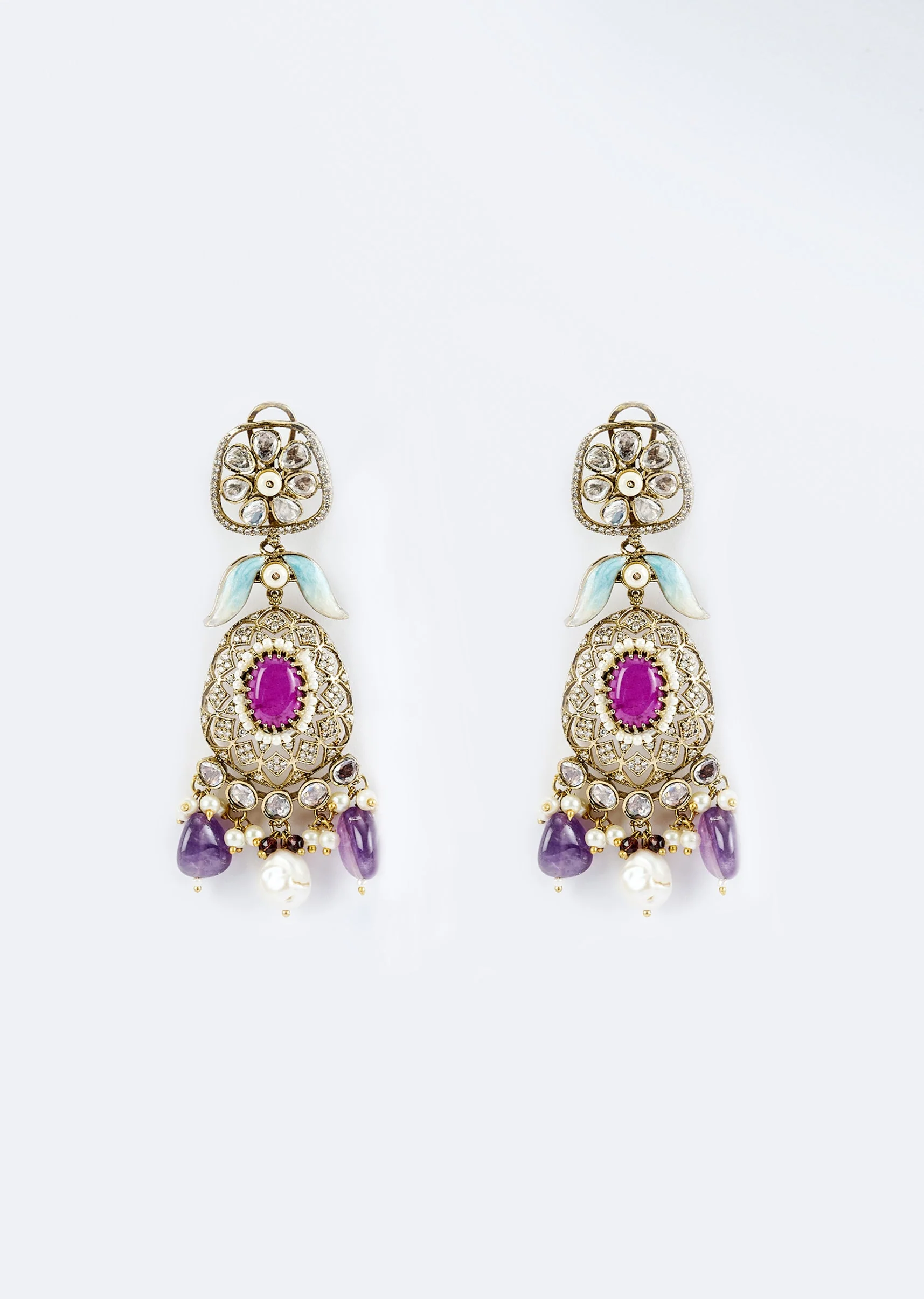 Gold Plated Purple Kundan Polki Short Necklace Set With Earrings