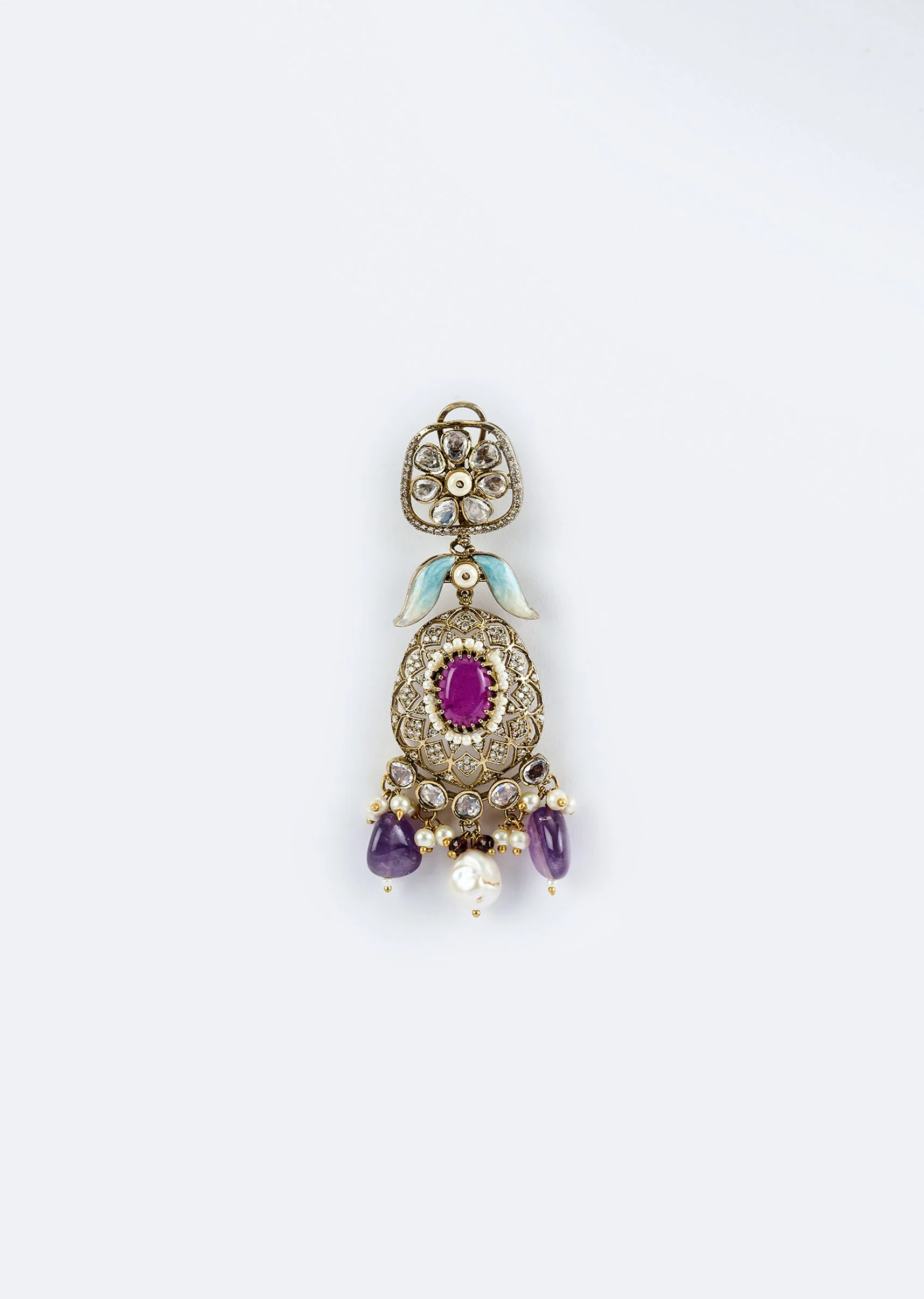 Gold Plated Purple Kundan Polki Short Necklace Set With Earrings