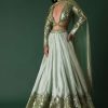 Light Green Foil Printed Bridal Lehenga And Blouse In Organza