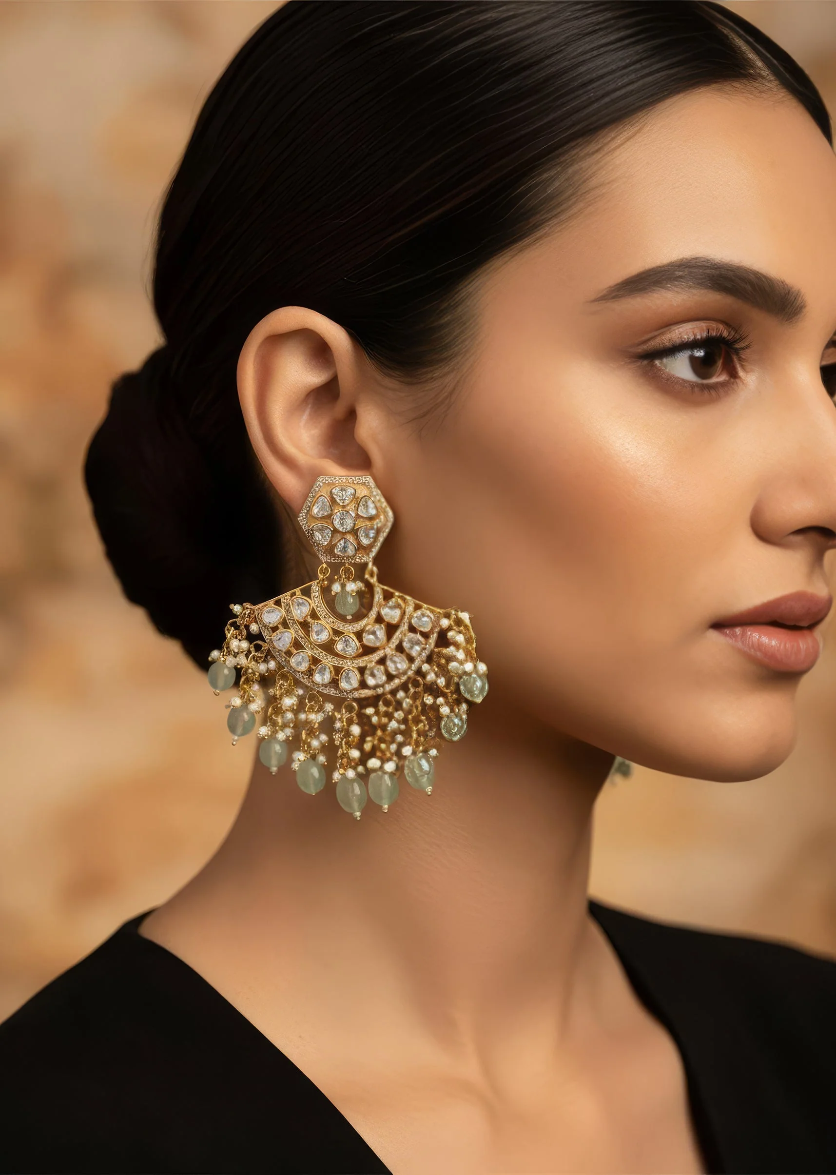 Gold finish Kundan Polki Statement Earrings