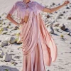 Beige Satin Draped Saree With Pleated Blouse And Embroidered Cape