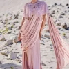 Beige Satin Draped Saree With Pleated Blouse And Embroidered Cape