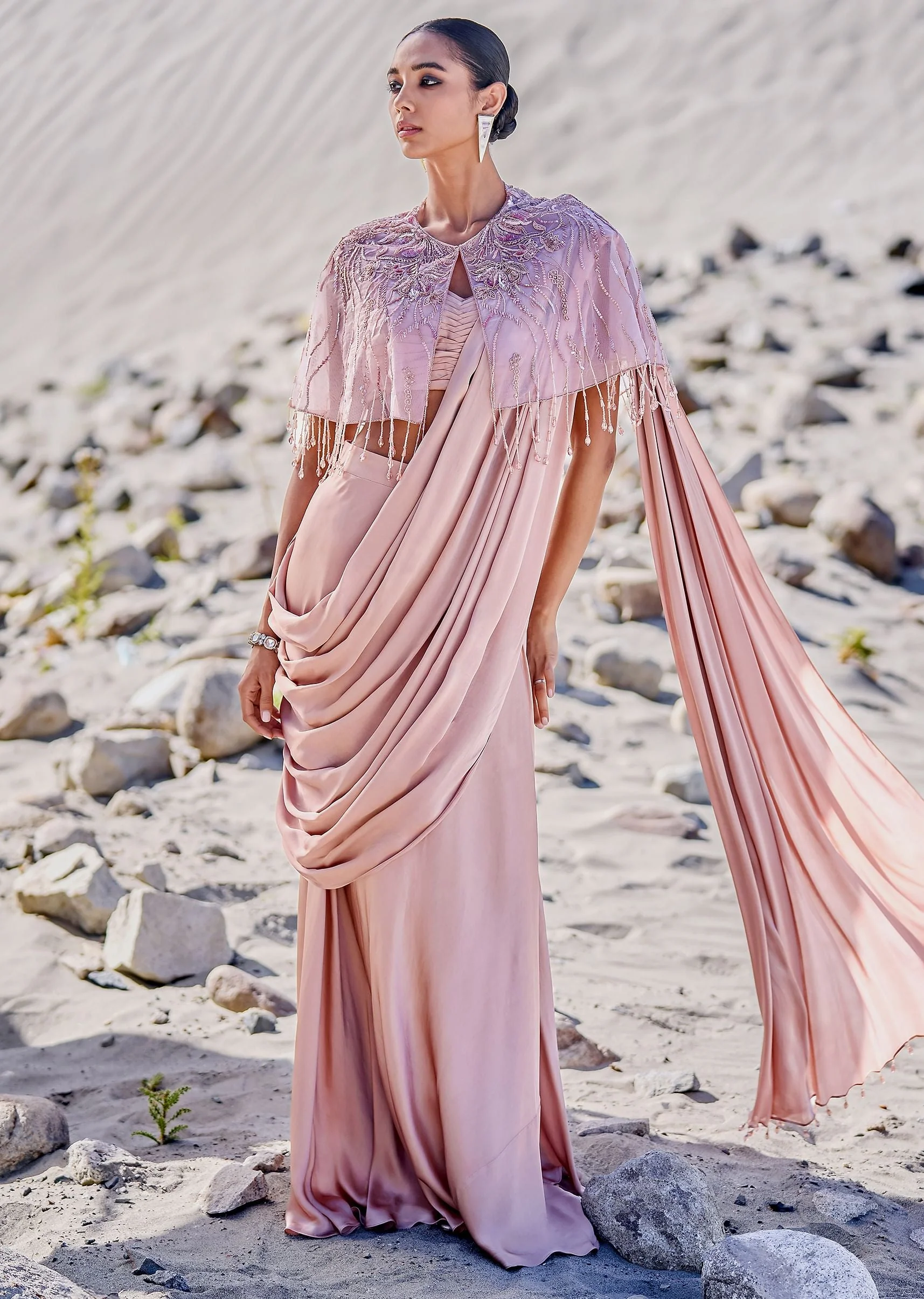Beige Satin Draped Saree With Pleated Blouse And Embroidered Cape