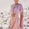 Beige Satin Draped Saree With Pleated Blouse And Embroidered Cape