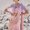 Beige Satin Draped Saree With Pleated Blouse And Embroidered Cape