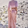Beige Satin Draped Saree With Pleated Blouse And Embroidered Cape