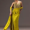 Lime Green Semi Stitched Net Saree With Embroidered Blouse