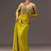 Lime Green Semi Stitched Net Saree With Embroidered Blouse