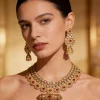 Gold Plated Red Synthetic Stone Necklace Set With Earrings