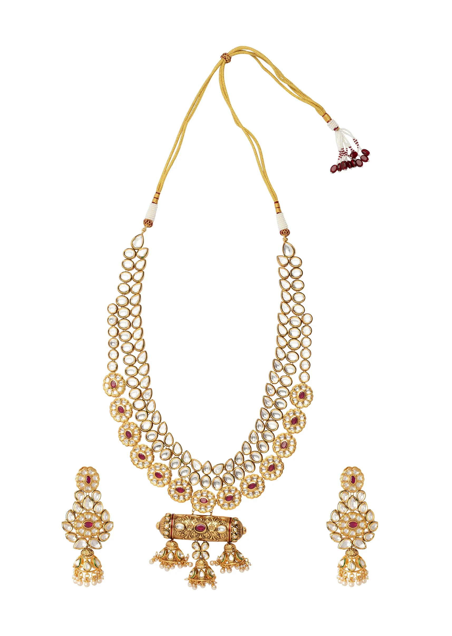 Gold Plated Red Synthetic Stone Necklace Set With Earrings