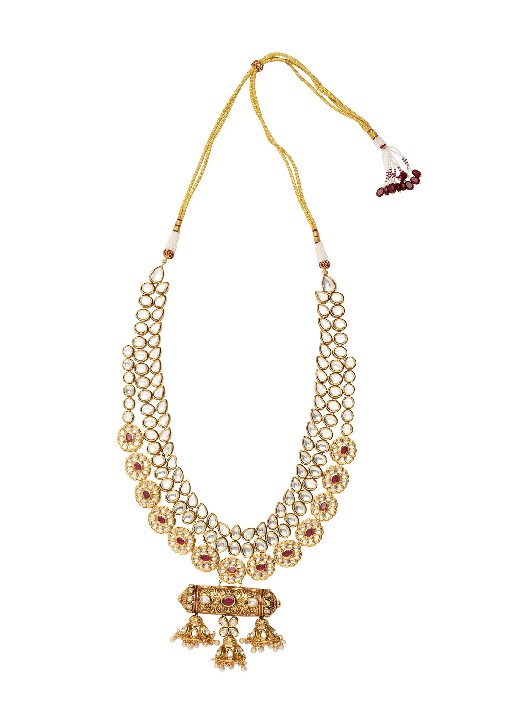 Gold Plated Red Synthetic Stone Necklace Set With Earrings