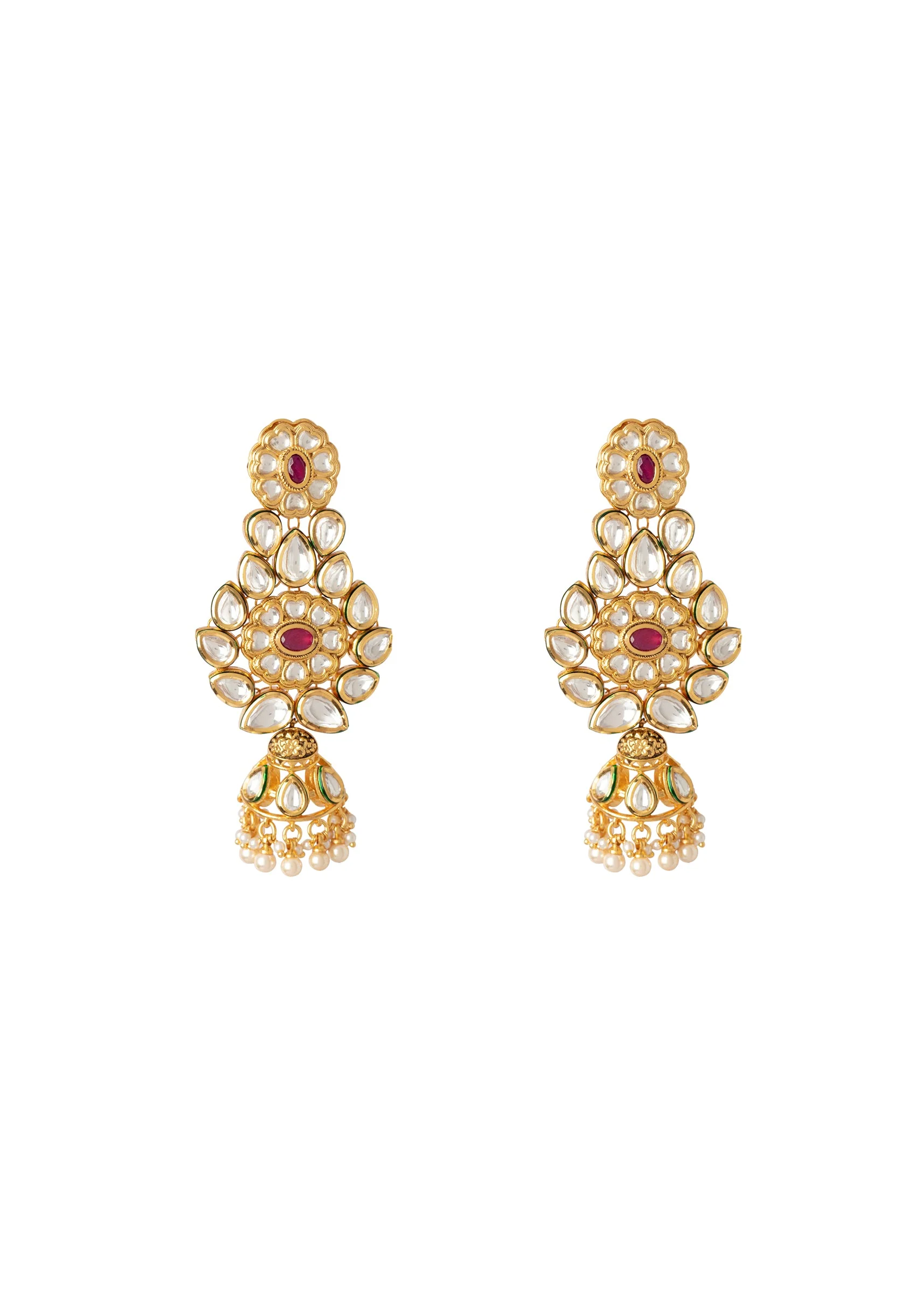 Gold Plated Red Synthetic Stone Necklace Set With Earrings