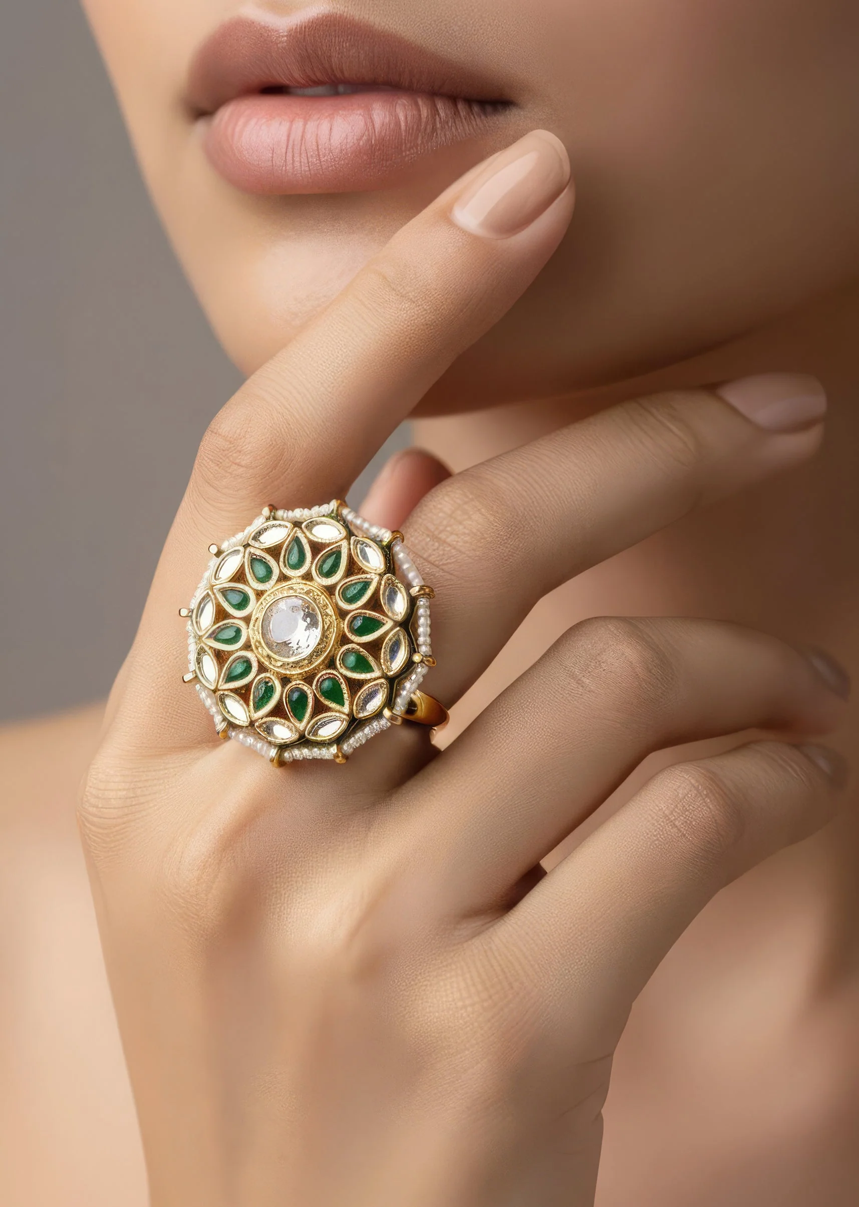 Gold Plated Green And White Round Kundan Polki Ring
