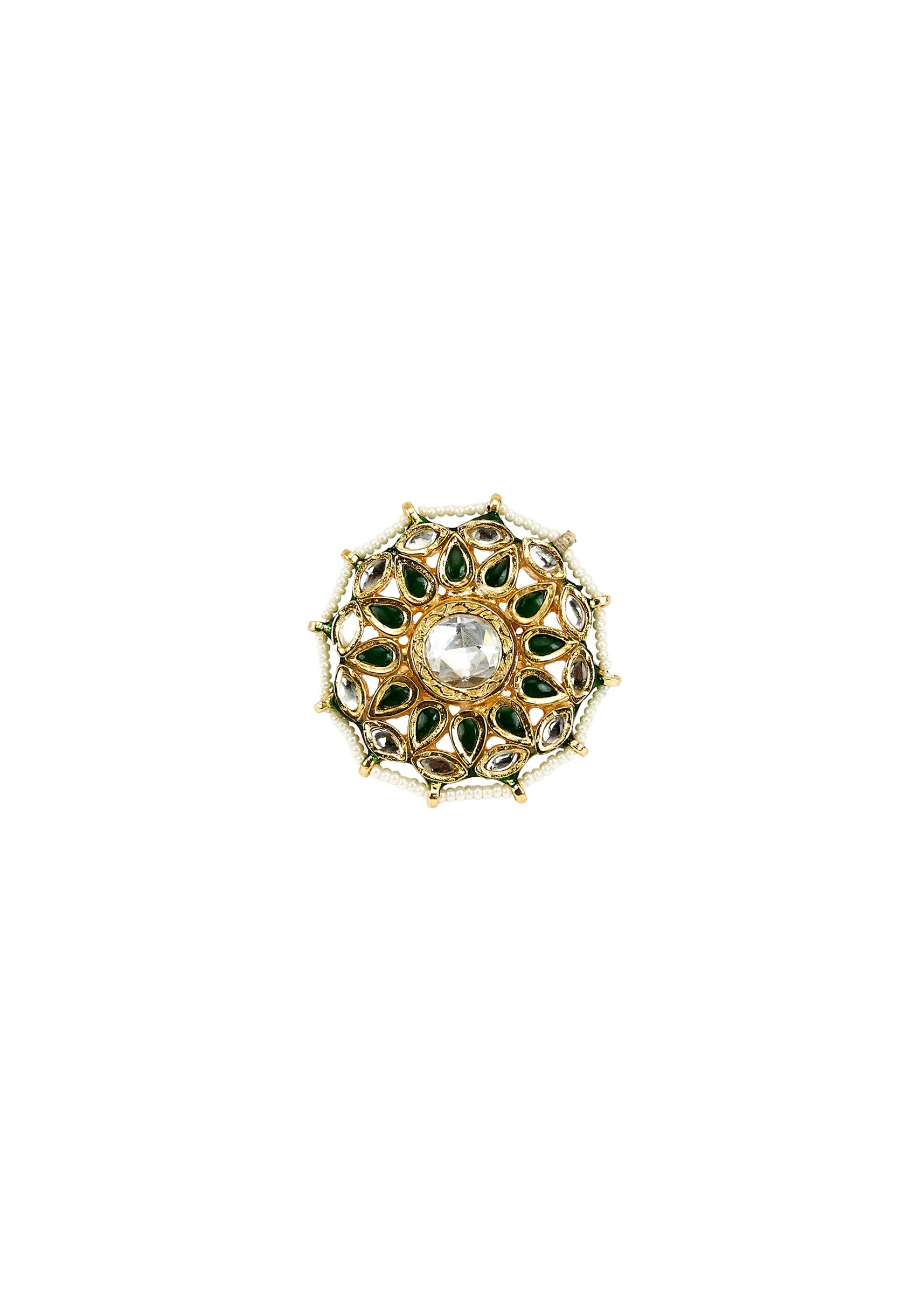 Gold Plated Green And White Round Kundan Polki Ring