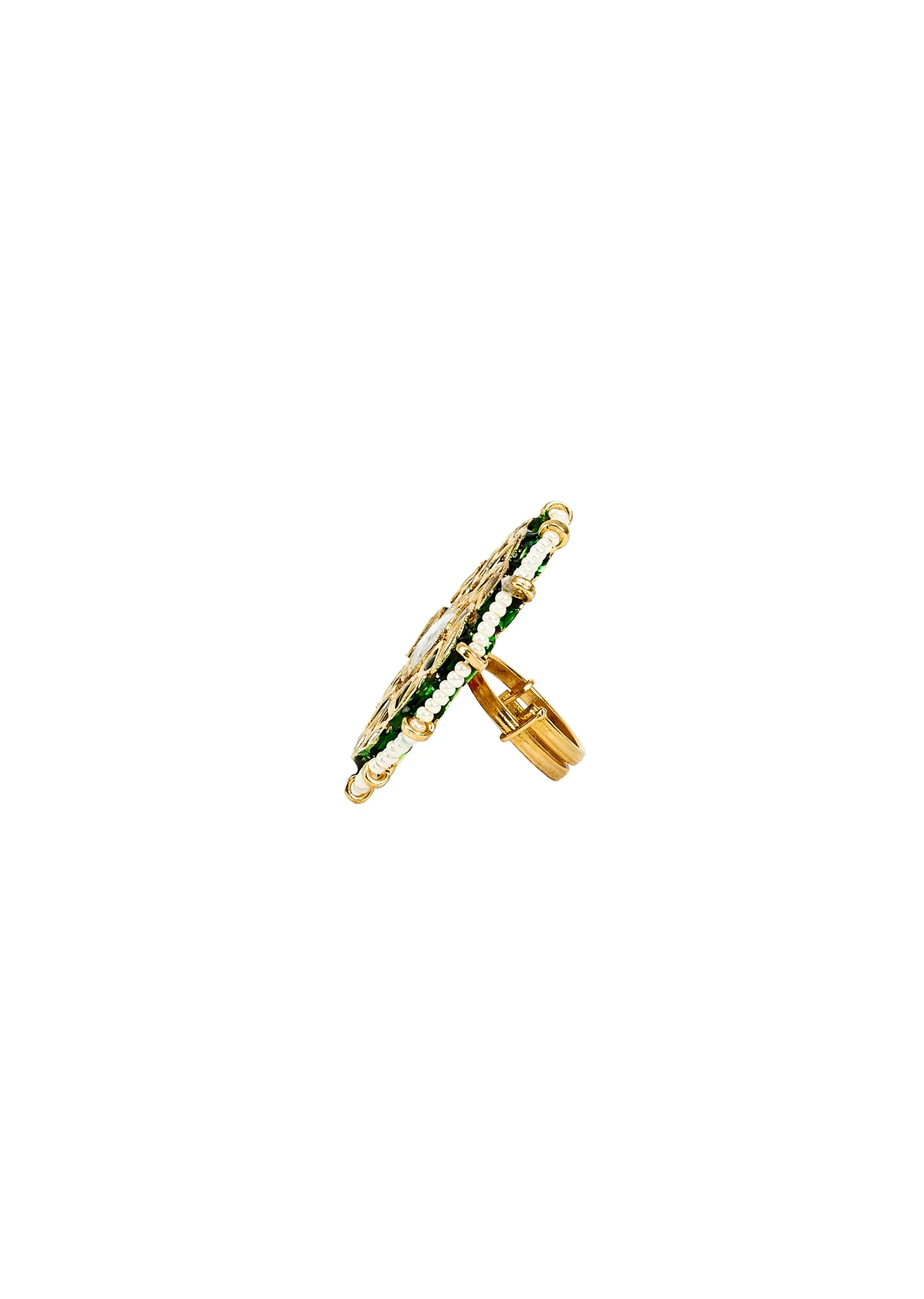 Gold Plated Green And White Round Kundan Polki Ring