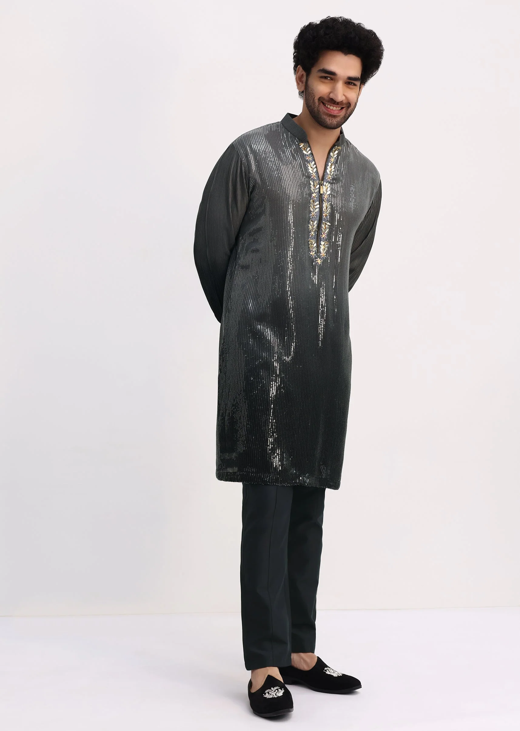 Grey Shaded Sequin Zipper Kurta With Black Pants