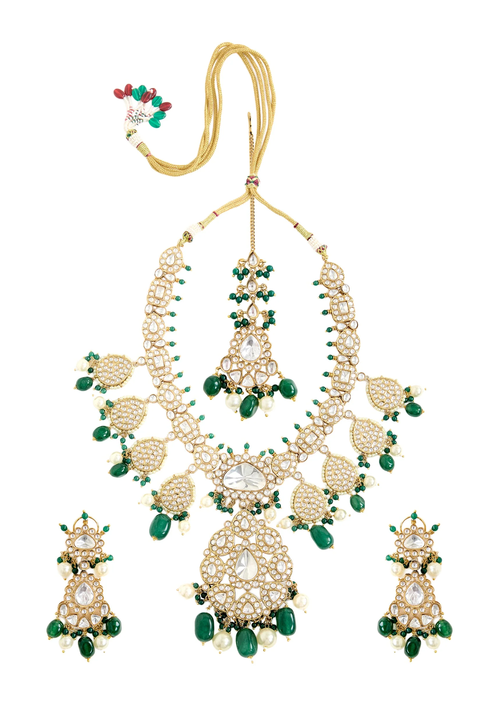 Elegant Kundan And Green Bead Bridal Necklace Set
