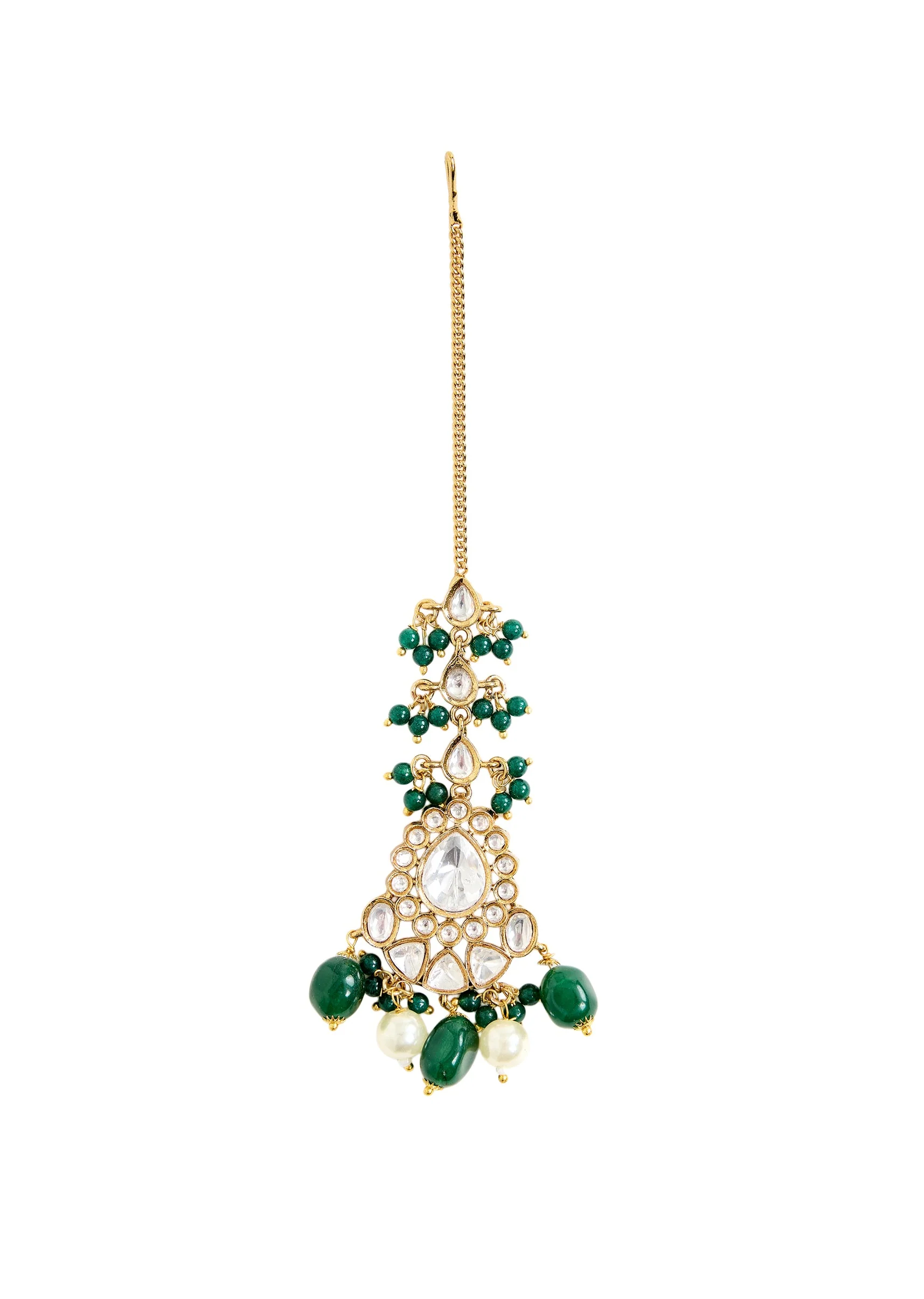 Elegant Kundan And Green Bead Bridal Necklace Set