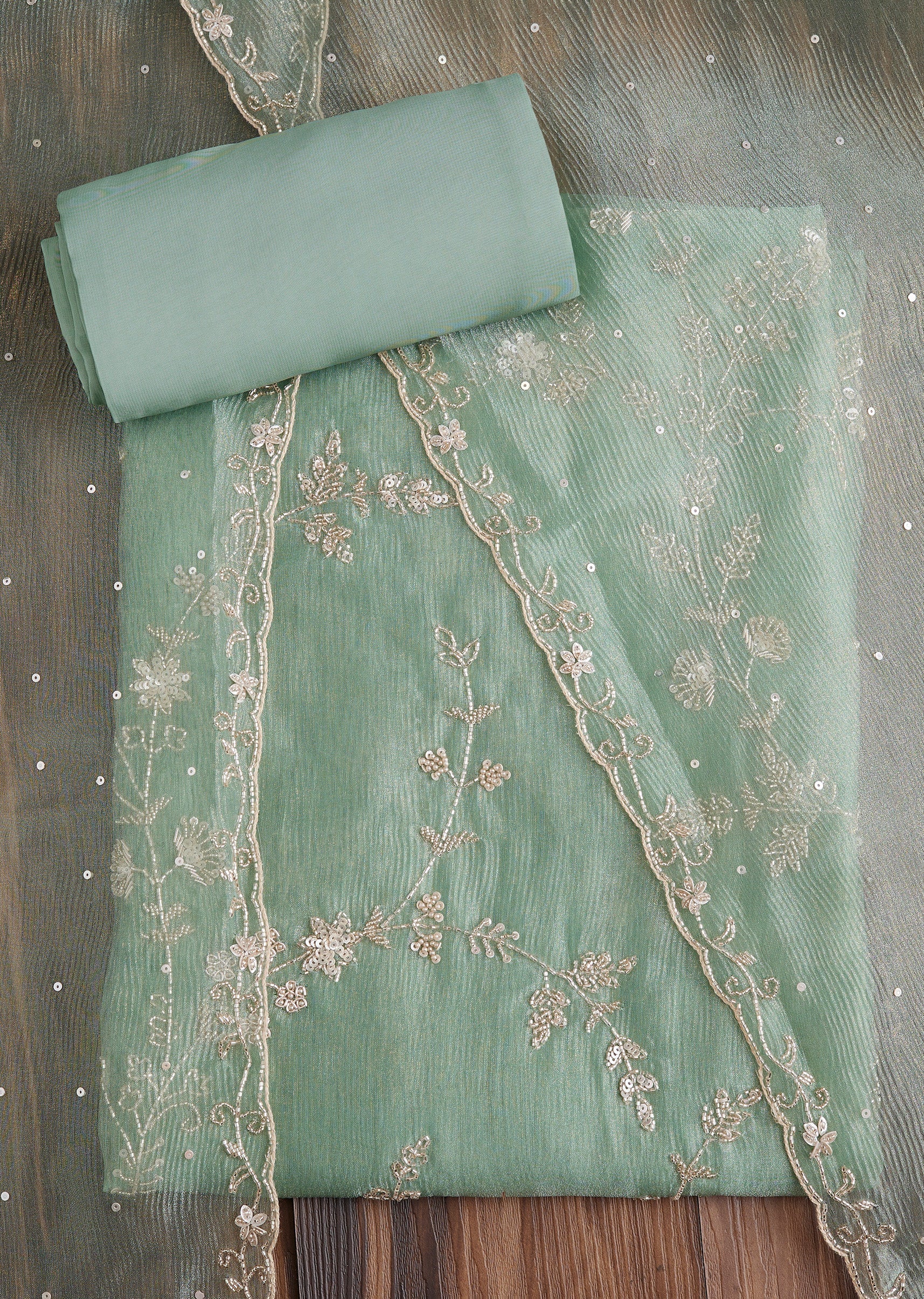 Green Tissue Embroidered Dress Material Suit