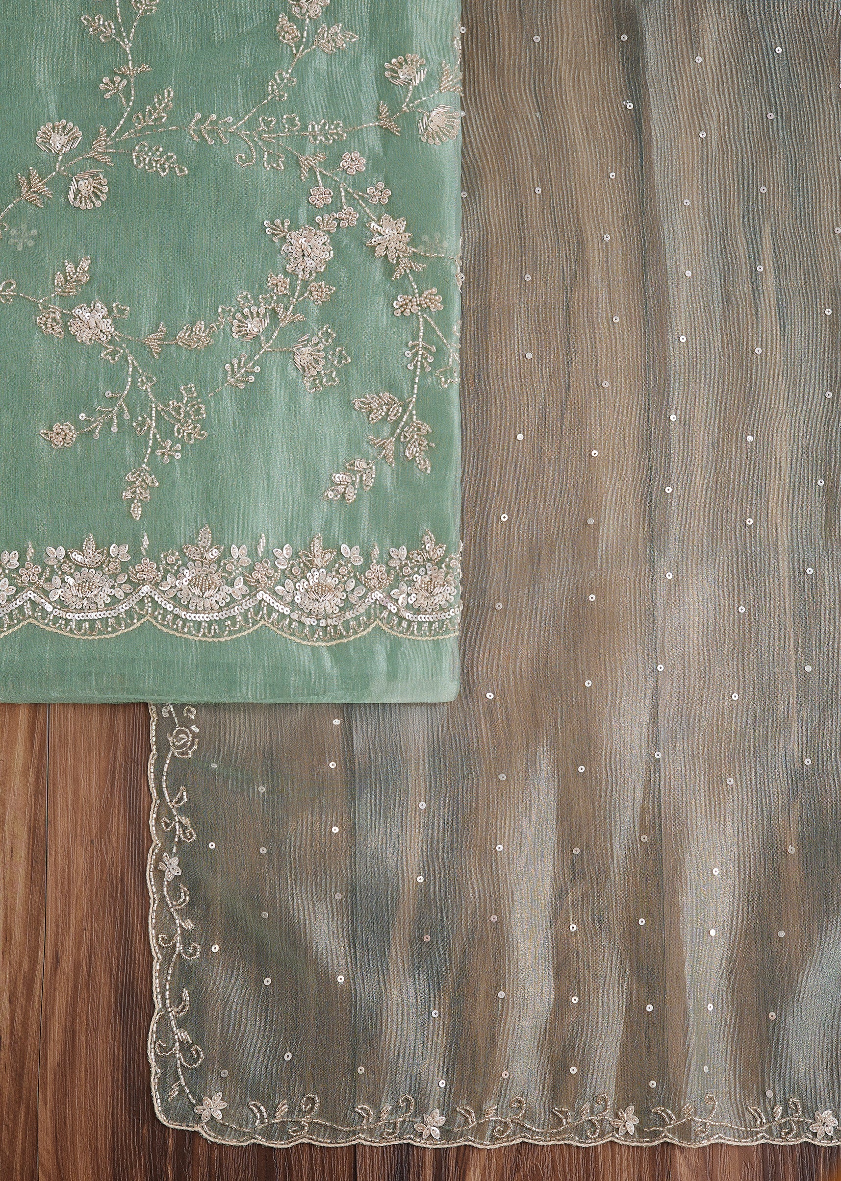 Green Tissue Embroidered Dress Material Suit