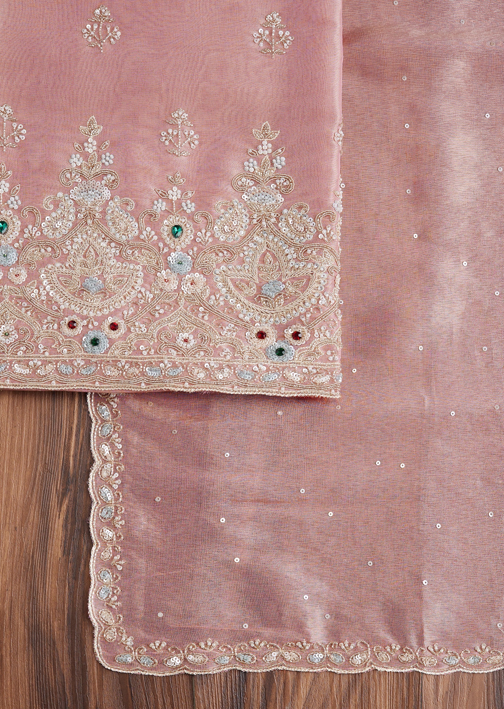 Pink Tissue Embroidered Dress Material Suit