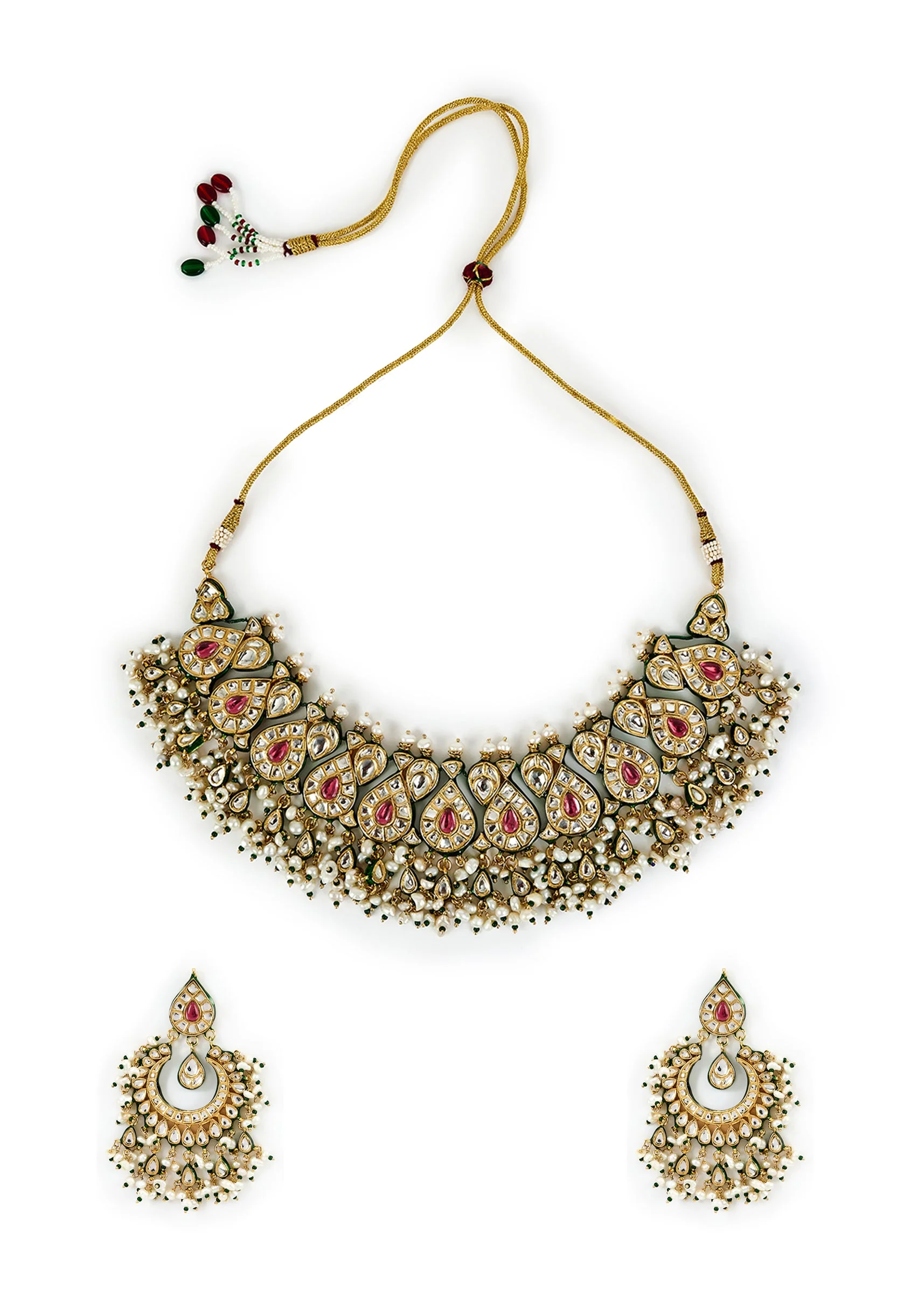 Gold Plated Pink Teardrop Choker Necklace Set With Earrings