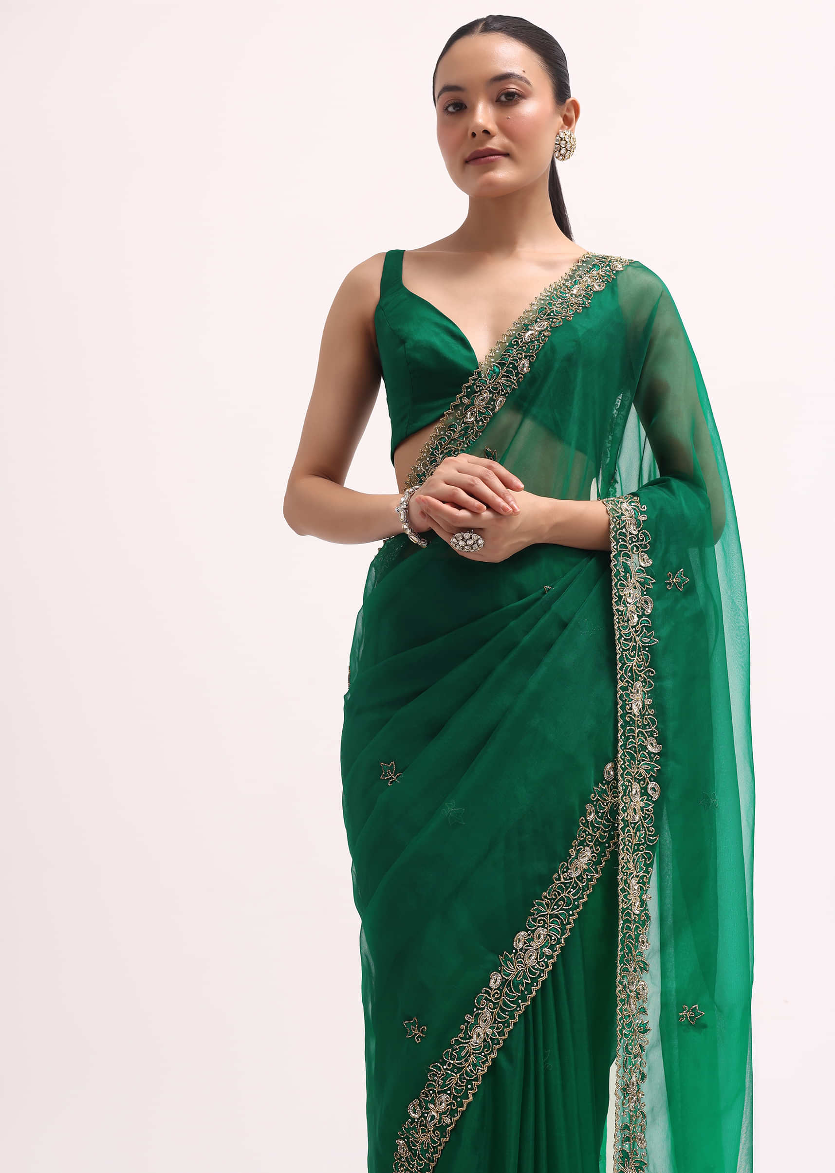 5938-green-scallop-border-organza-saree-with-unstitched-blouse-1.jpg Green Scallop Border Organza Saree With Unstitched Blouse