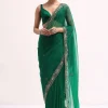 Green Scallop Border Organza Saree With Unstitched Blouse