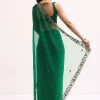 Green Scallop Border Organza Saree With Unstitched Blouse