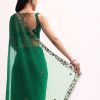 Green Scallop Border Organza Saree With Unstitched Blouse