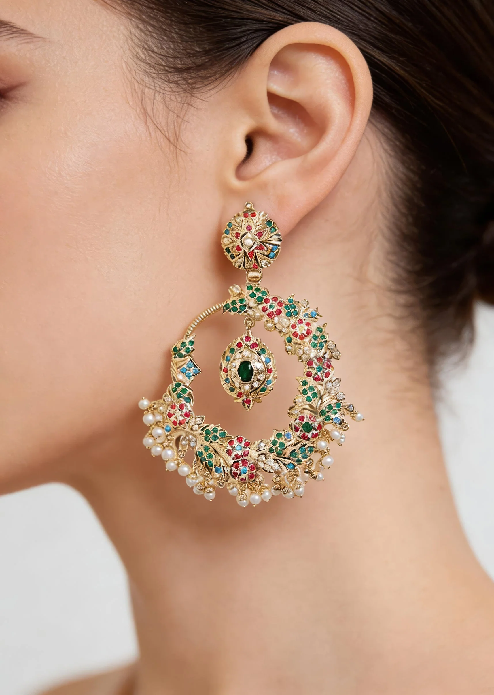 Oversized Chandbali Earrings With Multicolor Stones and Pearl Drops