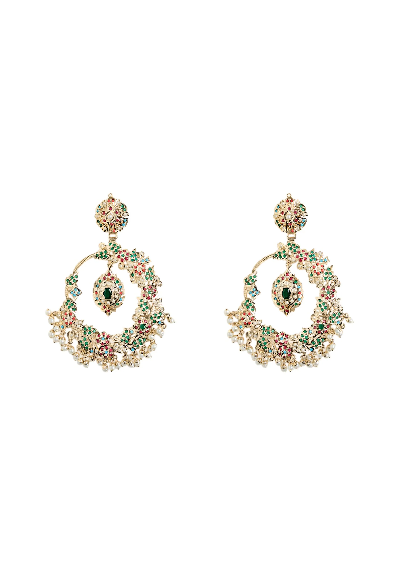 Oversized Chandbali Earrings With Multicolor Stones and Pearl Drops