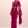 Magenta Pink Pre Pleated Frill Saree With Belt And A Stitched Blouse