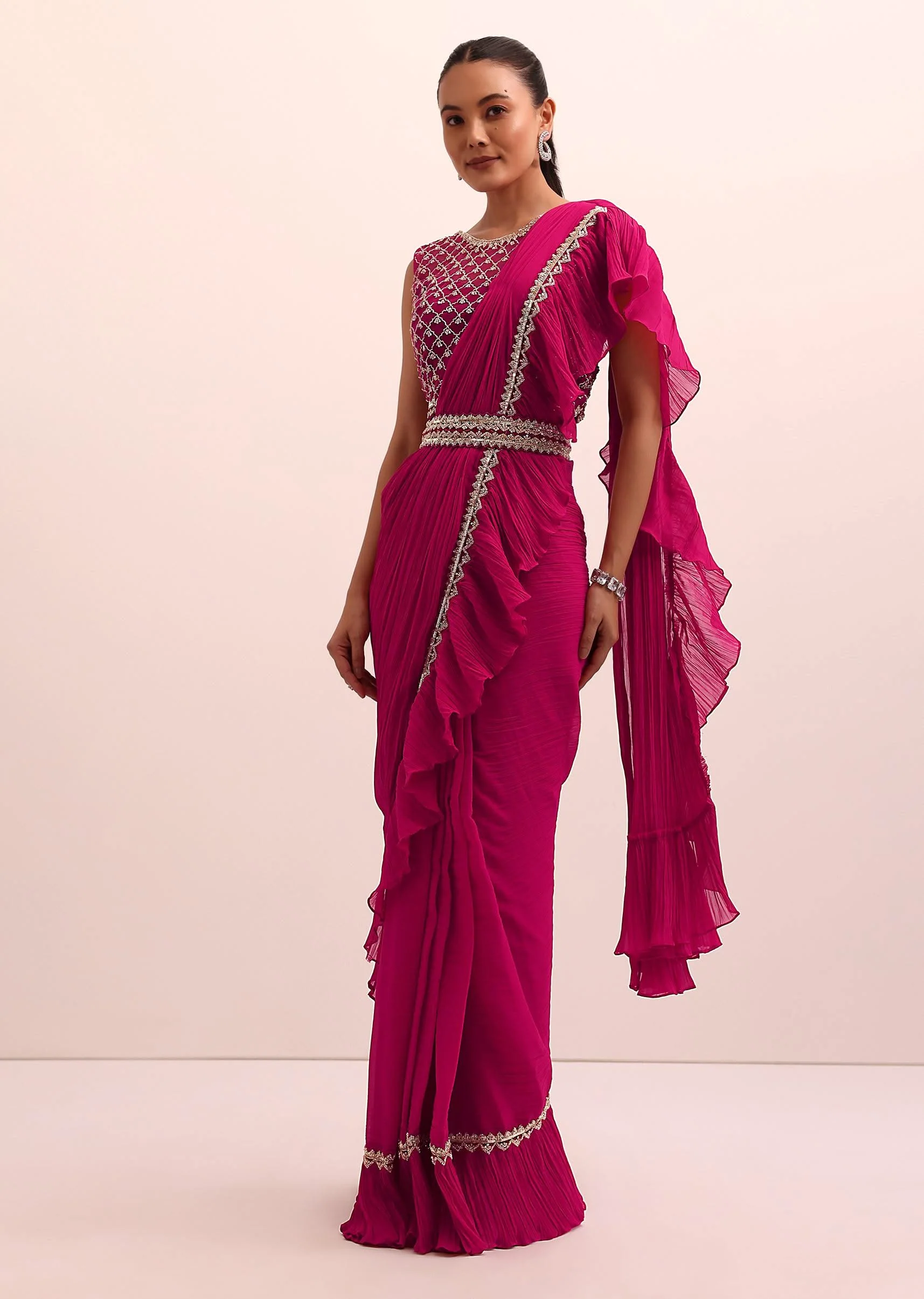 5954-magenta-pink-pre-pleated-frill-saree-with-belt-and-a-stitched-blouse-1.webp Magenta Pink Pre Pleated Frill Saree With Belt And A Stitched Blouse