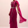 Magenta Pink Pre Pleated Frill Saree With Belt And A Stitched Blouse