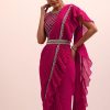 Magenta Pink Pre Pleated Frill Saree With Belt And A Stitched Blouse