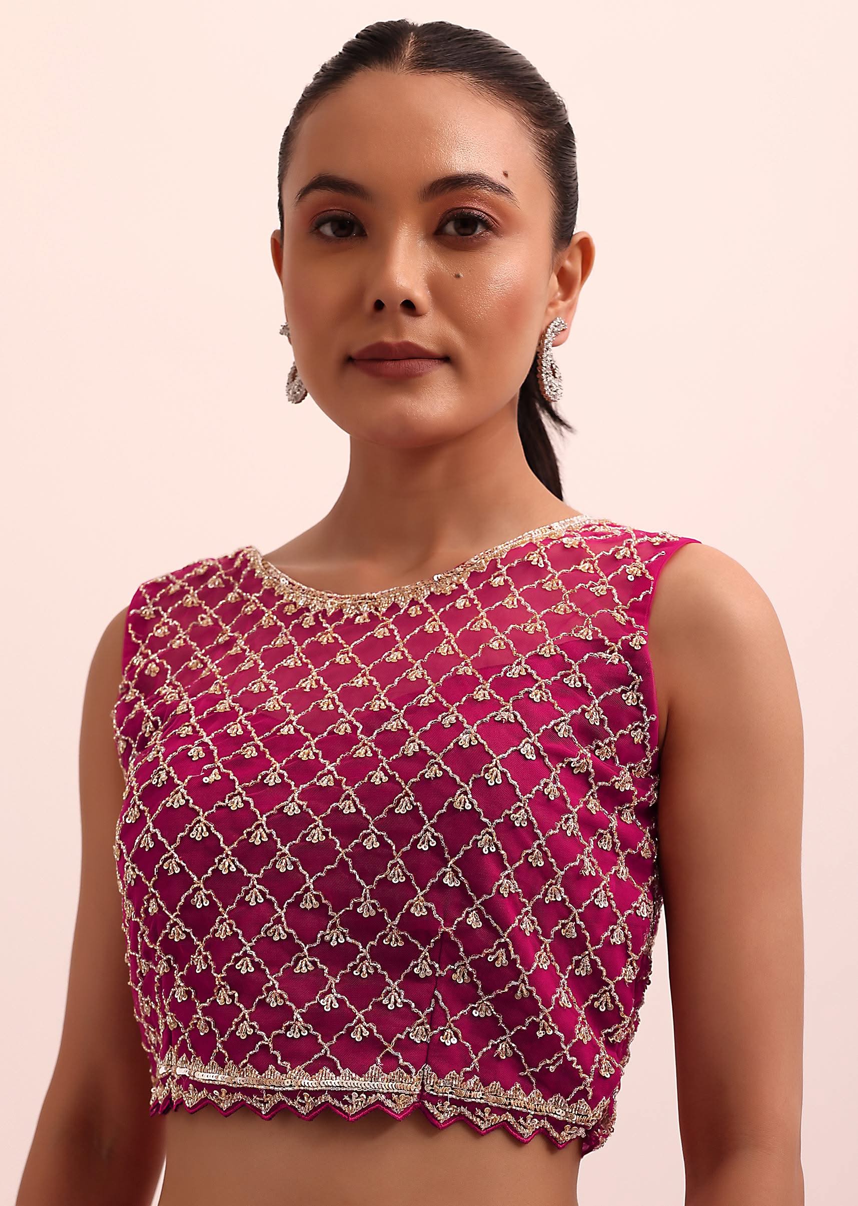 Magenta Pink Pre Pleated Frill Saree With Belt And A Stitched Blouse