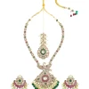 Gold Plated Green And White Stone Long Necklace Set