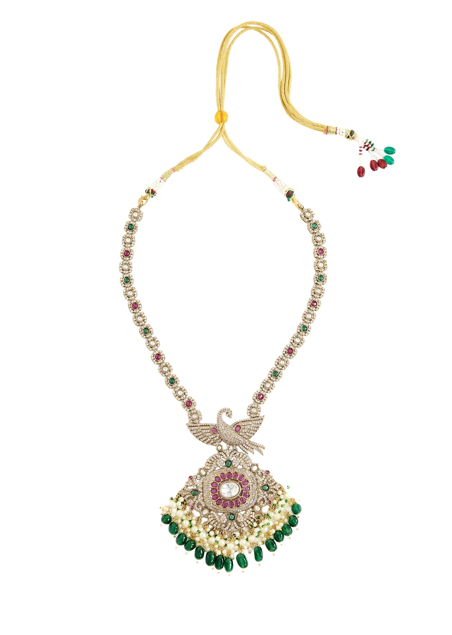 Gold Plated Green And White Stone Long Necklace Set