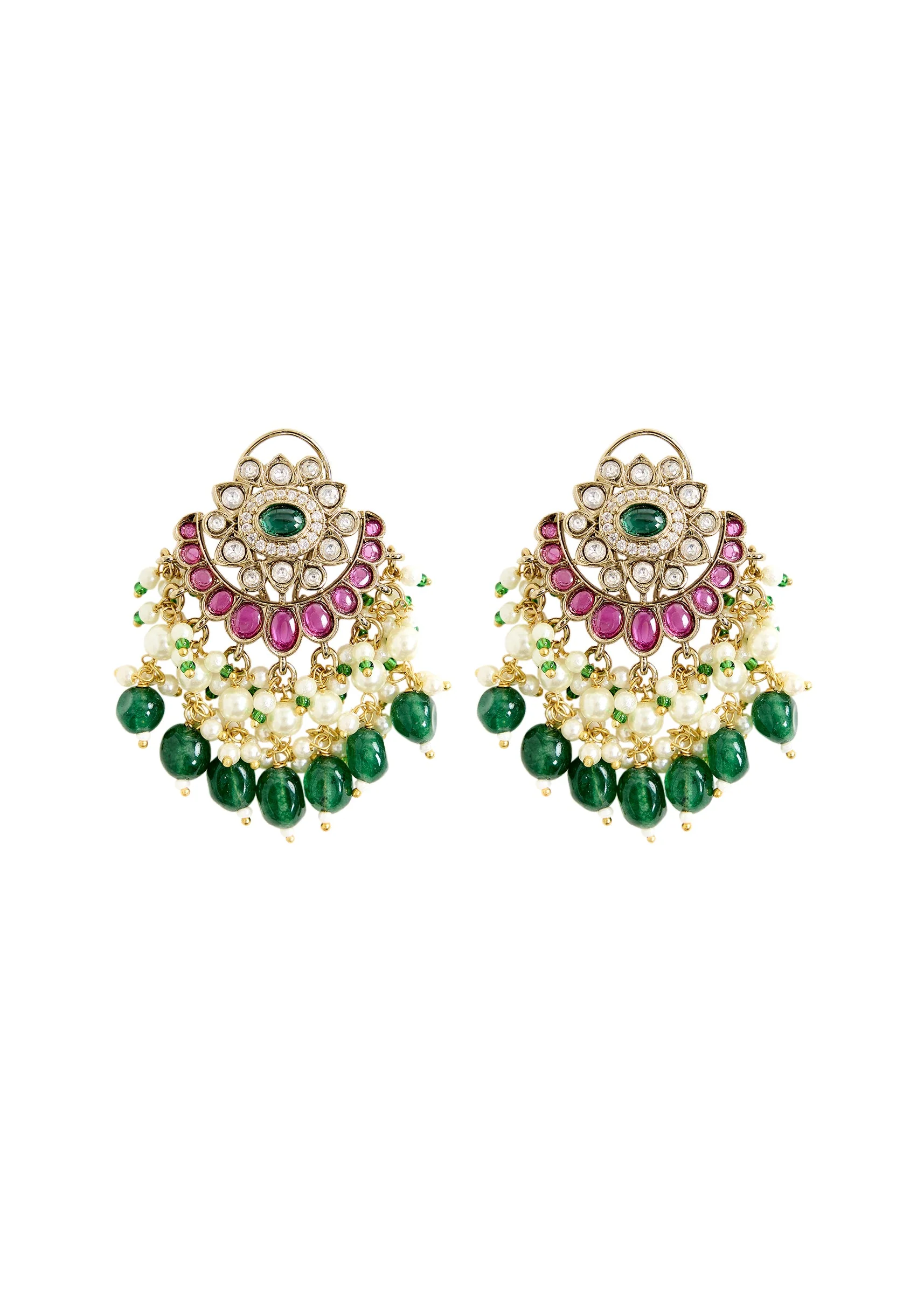 Gold Plated Green And White Stone Long Necklace Set